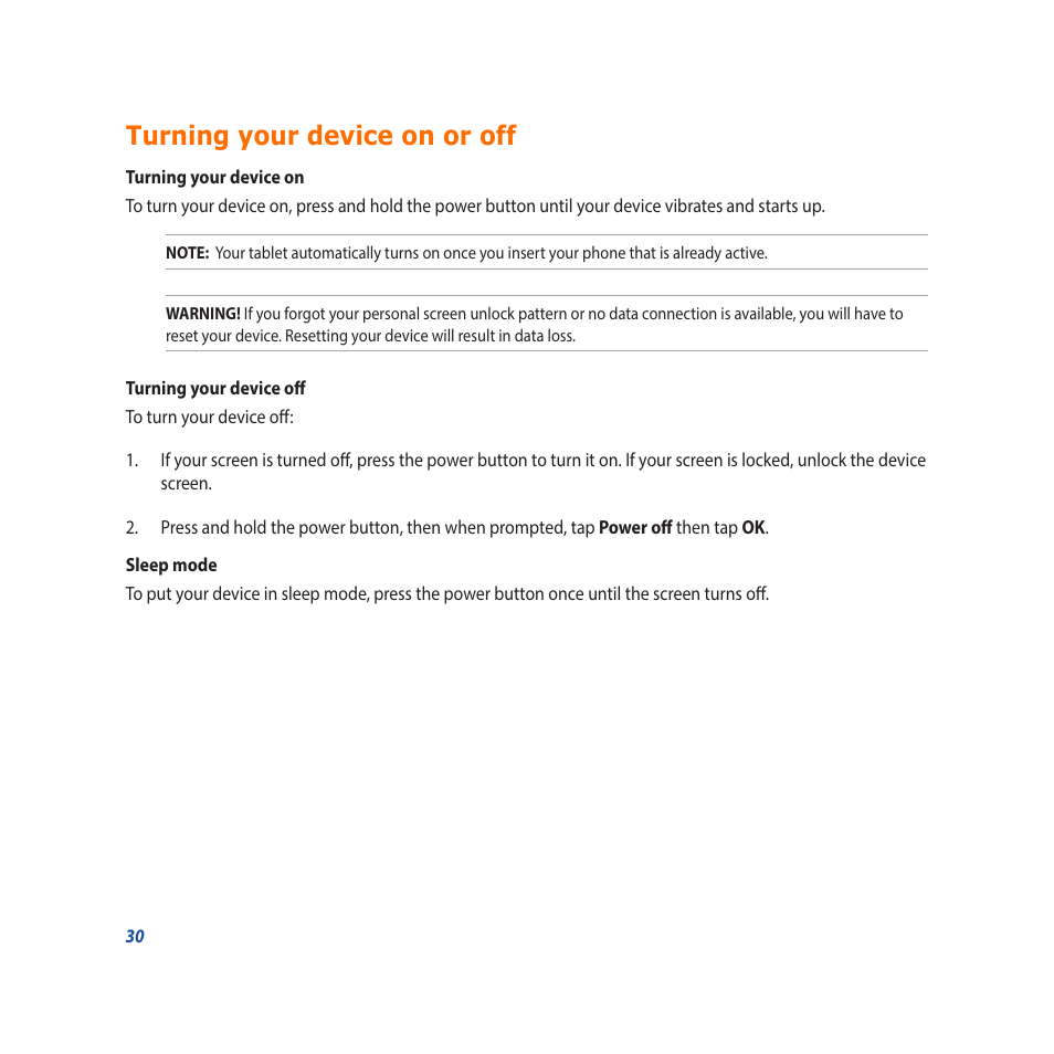 Turning your device on or off | Asus Padfone X mini User Manual | Page 30 / 146