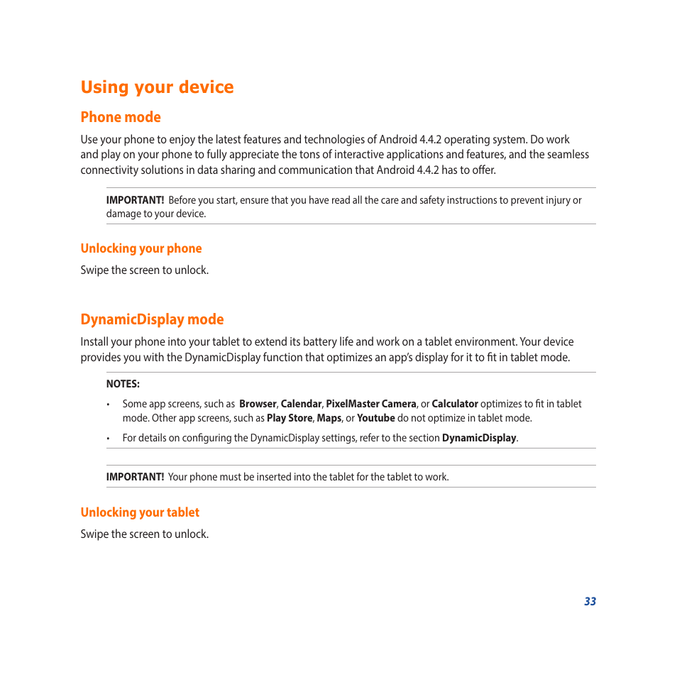 Using your device, Phone mode, Dynamicdisplay mode | Phone mode dynamicdisplay mode | Asus Padfone X mini User Manual | Page 33 / 146