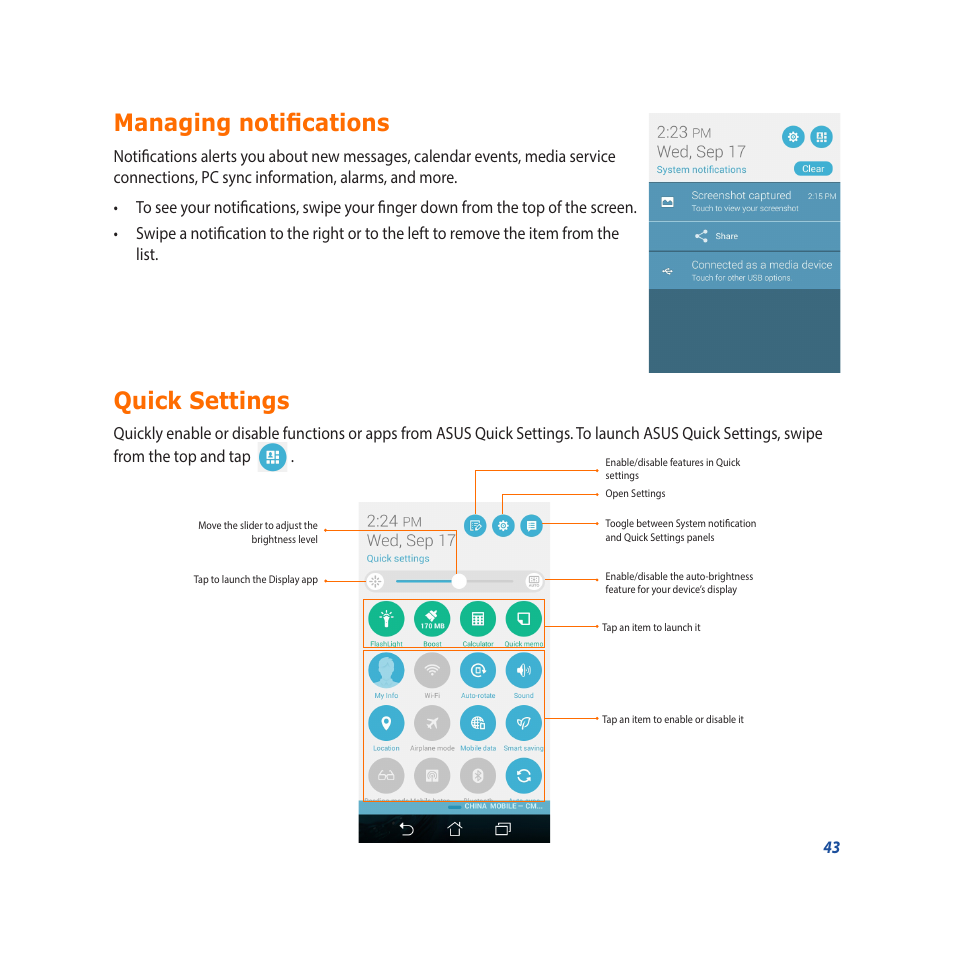 Managing notifications, Quick settings, Managing notifications quick settings | Asus Padfone X mini User Manual | Page 43 / 146