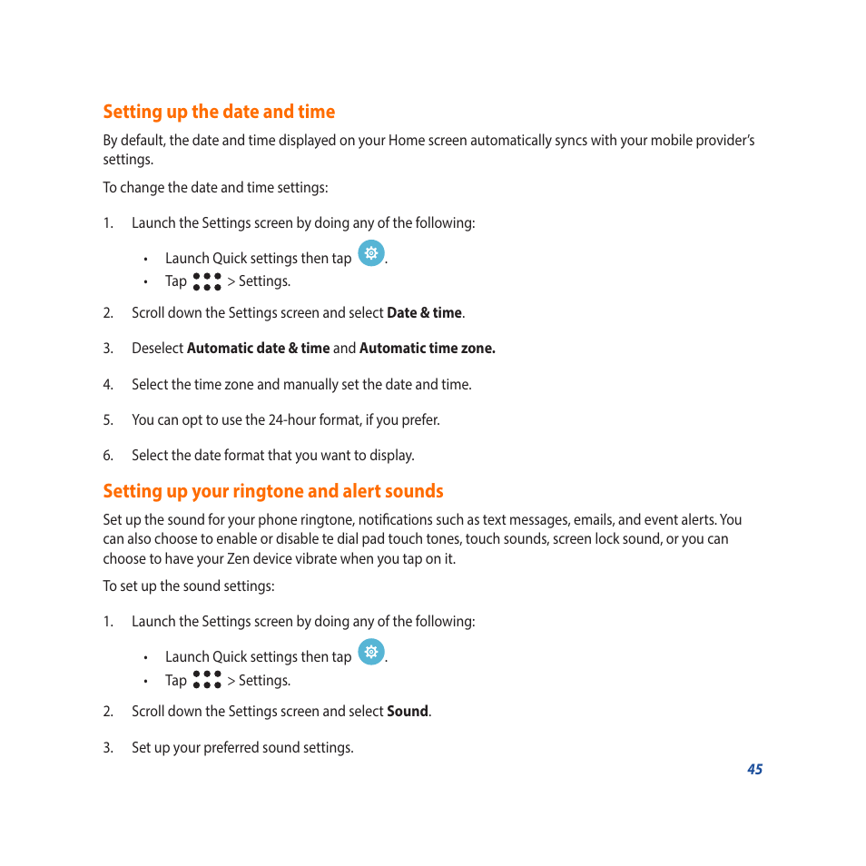 Setting up the date and time, Setting up your ringtone and alert sounds | Asus Padfone X mini User Manual | Page 45 / 146