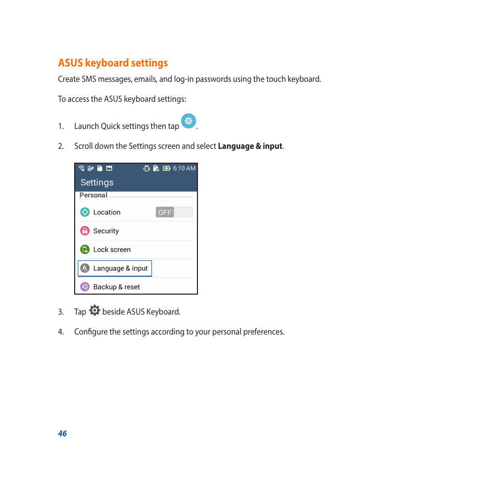 Asus keyboard settings | Asus Padfone X mini User Manual | Page 46 / 146