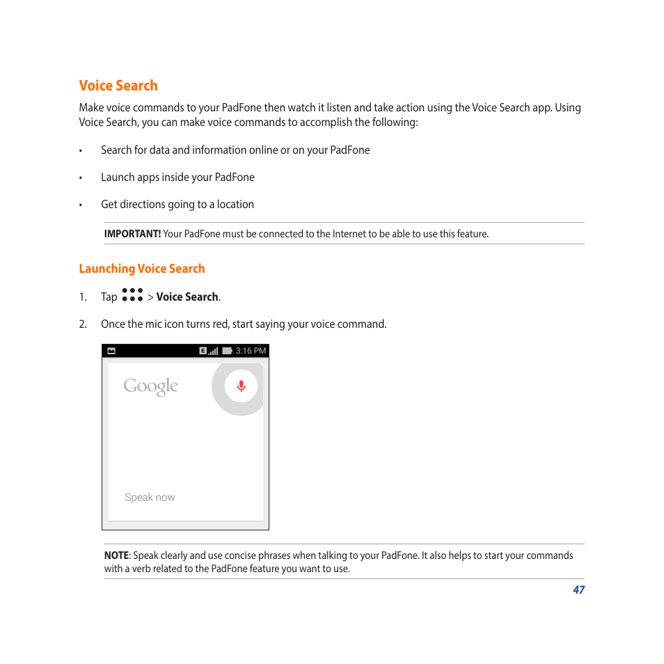 Voice search | Asus Padfone X mini User Manual | Page 47 / 146