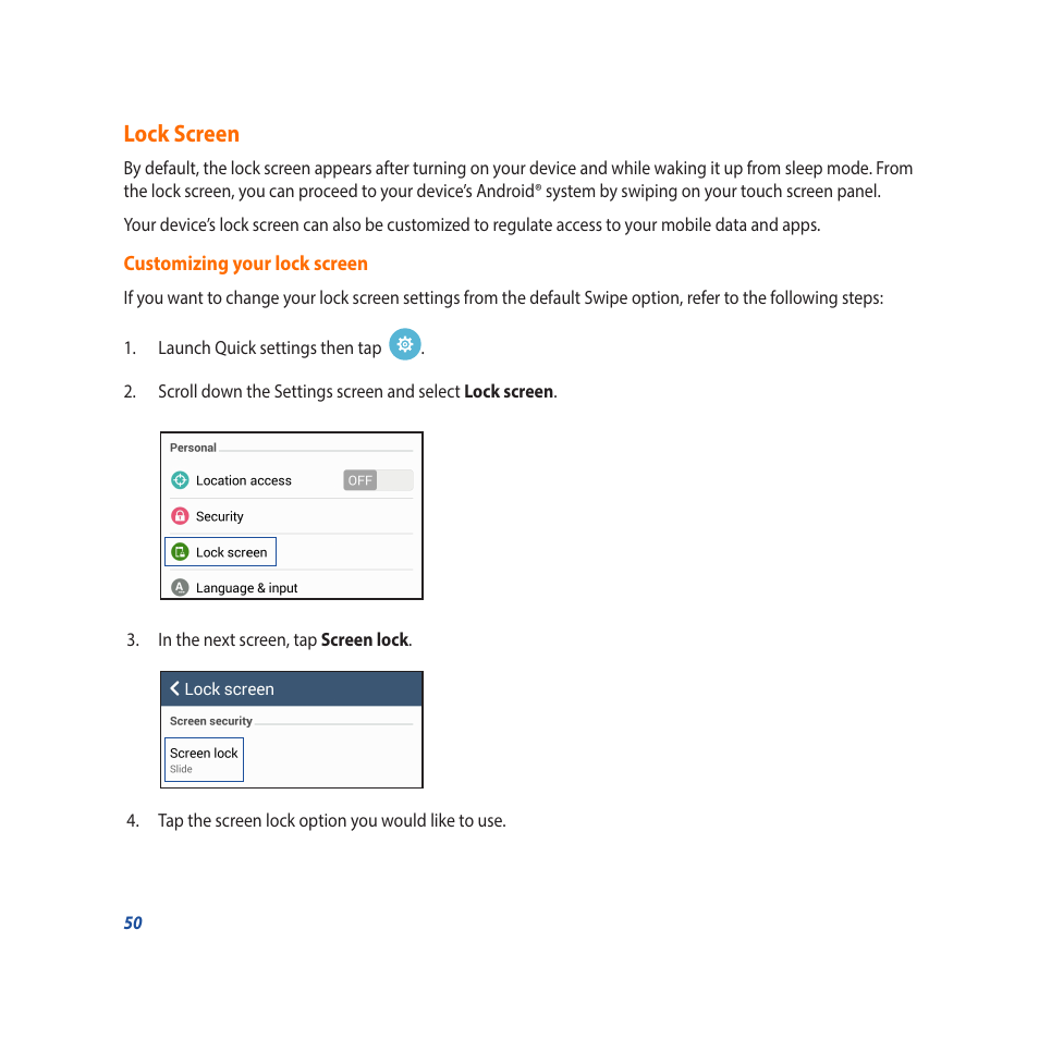 Lock screen | Asus Padfone X mini User Manual | Page 50 / 146