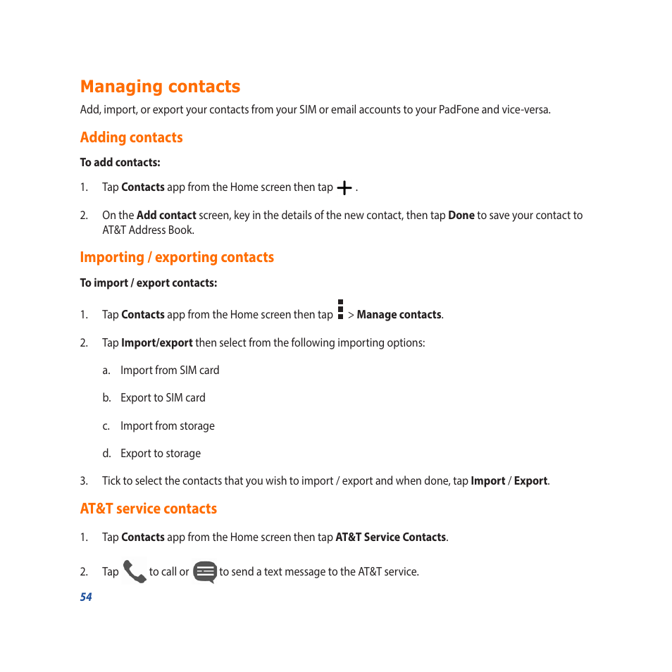 Managing contacts, Adding contacts, Importing / exporting contacts | At&t service contacts | Asus Padfone X mini User Manual | Page 54 / 146