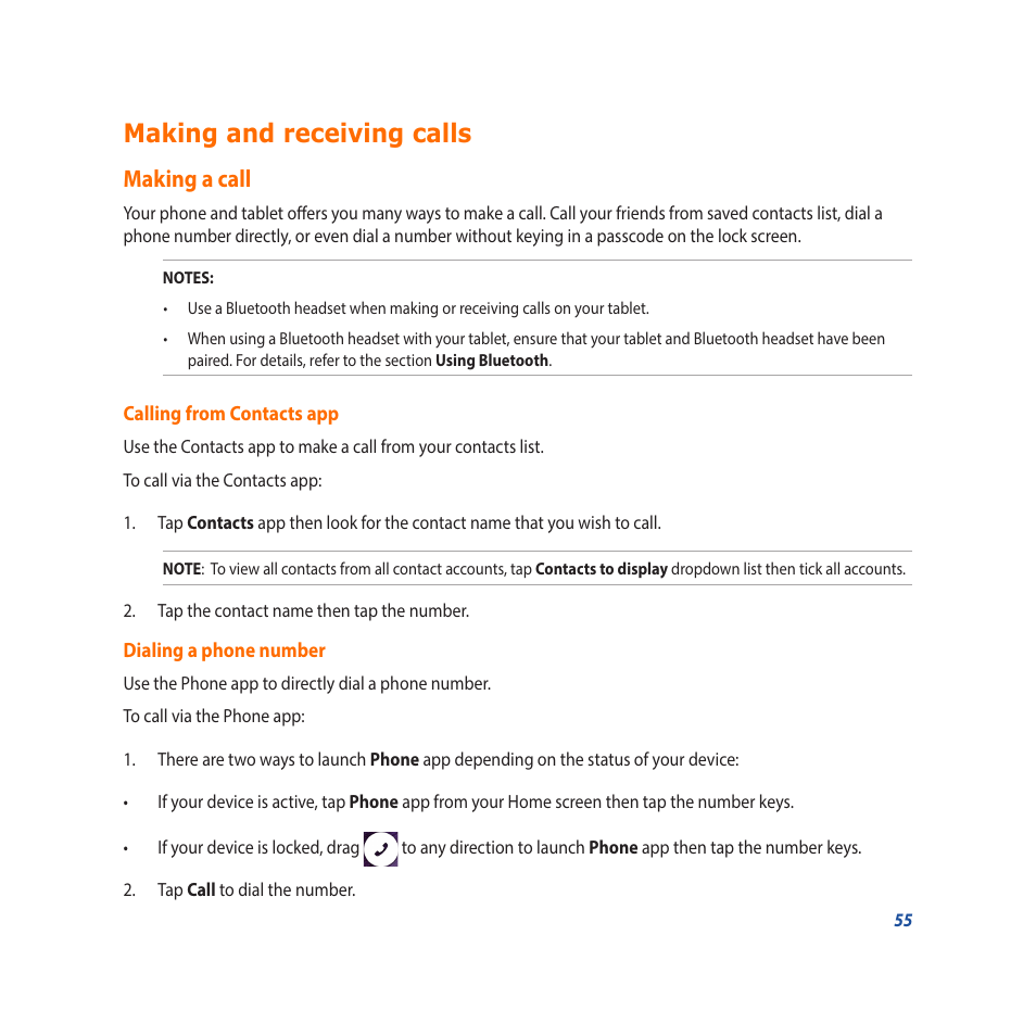 Making and receiving calls, Making a call | Asus Padfone X mini User Manual | Page 55 / 146