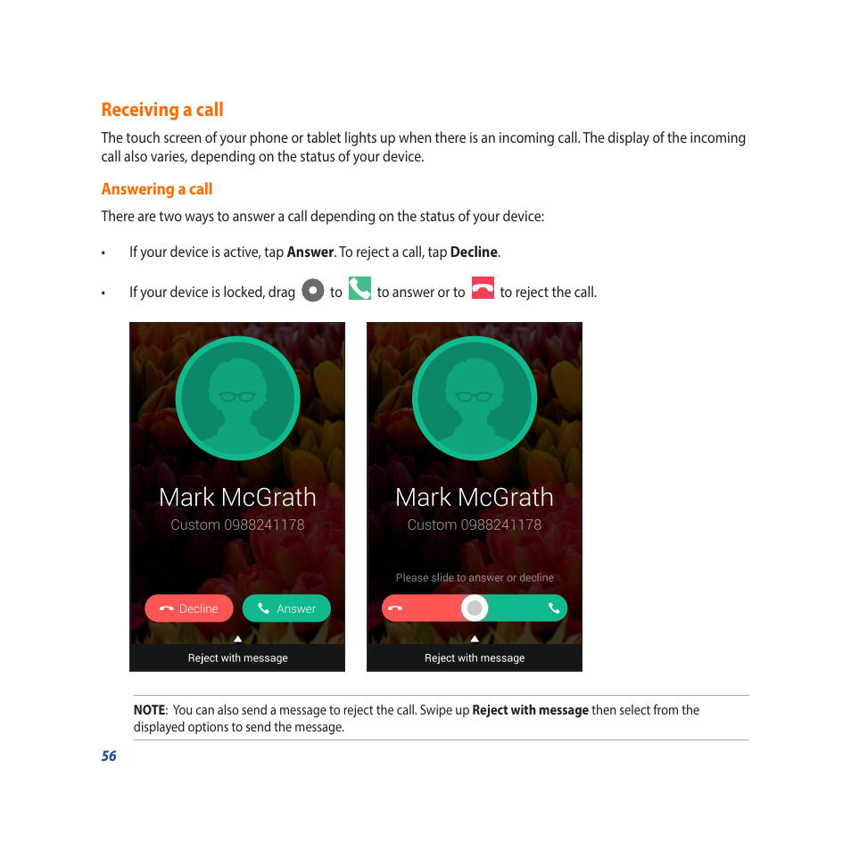 Receiving a call | Asus Padfone X mini User Manual | Page 56 / 146