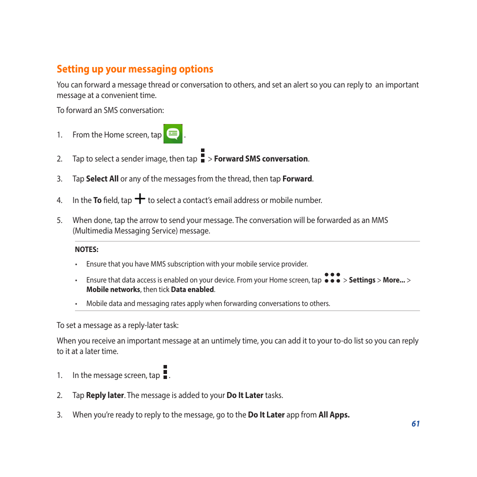 Setting up your messaging options | Asus Padfone X mini User Manual | Page 61 / 146