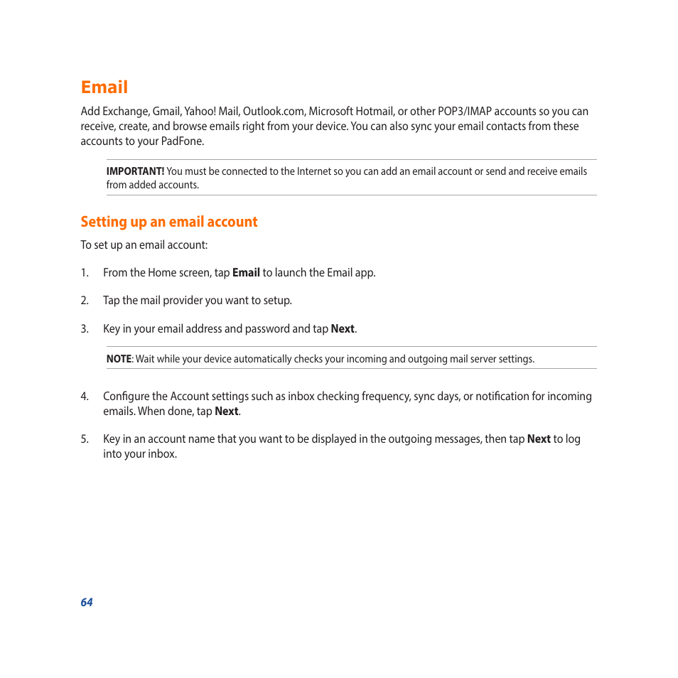 Email, Setting up an email account | Asus Padfone X mini User Manual | Page 64 / 146