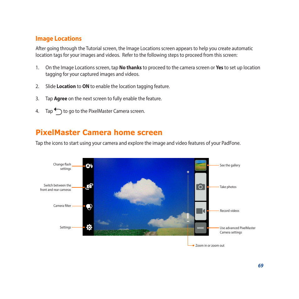 Image locations, Pixelmaster camera home screen | Asus Padfone X mini User Manual | Page 69 / 146