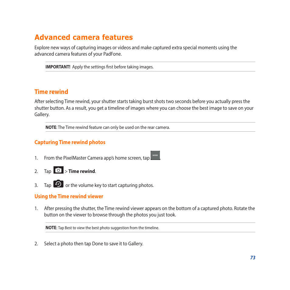 Advanced camera features, Time rewind | Asus Padfone X mini User Manual | Page 73 / 146