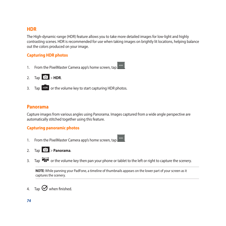 Panorama, Hdr panorama | Asus Padfone X mini User Manual | Page 74 / 146