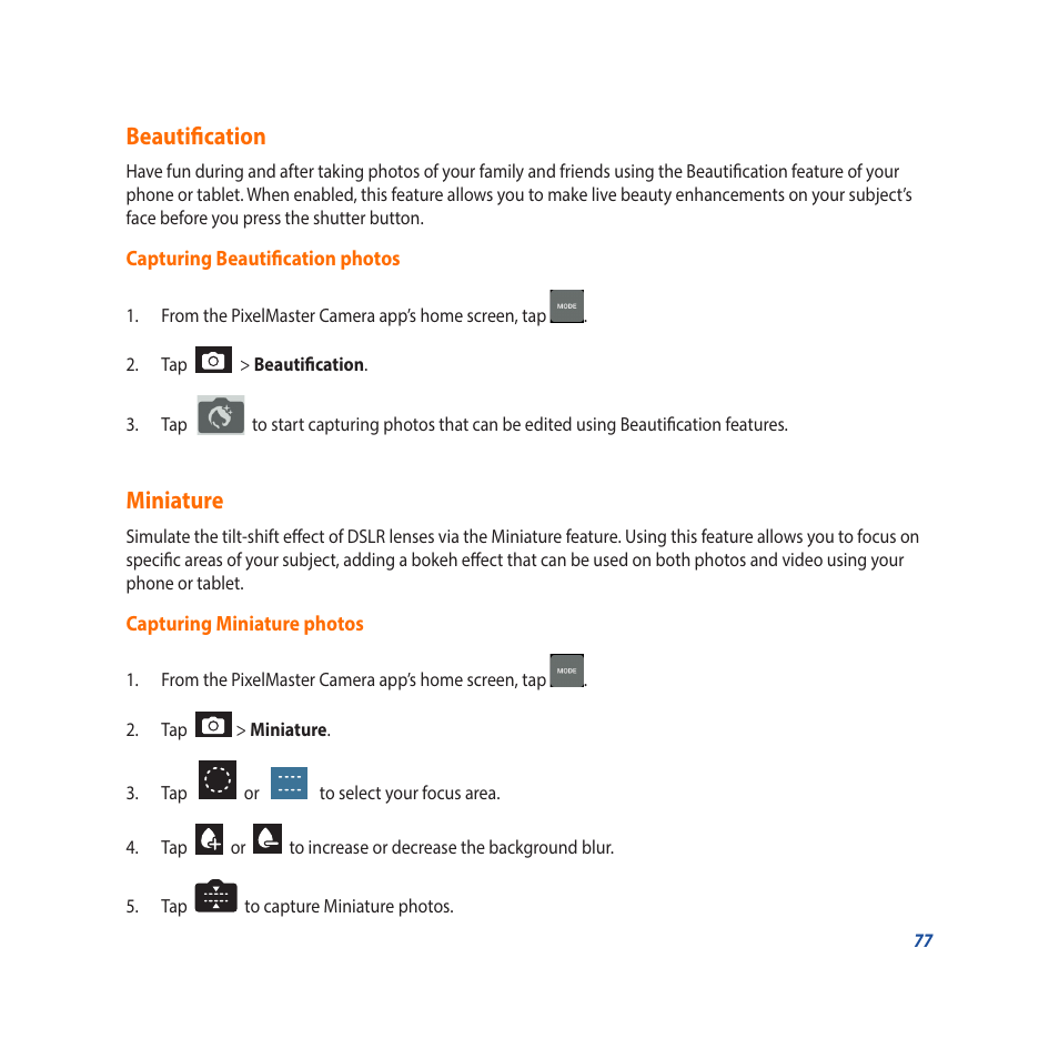 Beautification, Miniature, Beautification miniature | Asus Padfone X mini User Manual | Page 77 / 146