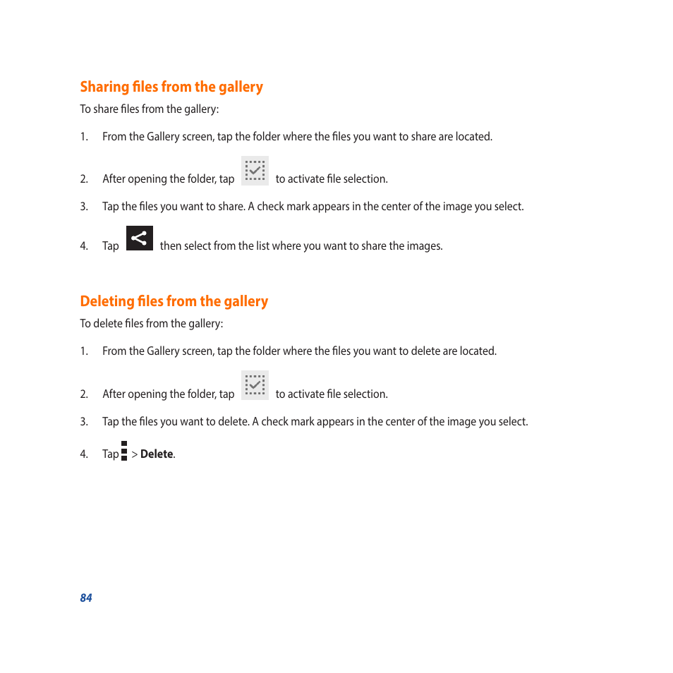 Sharing files from the gallery, Deleting files from the gallery | Asus Padfone X mini User Manual | Page 84 / 146