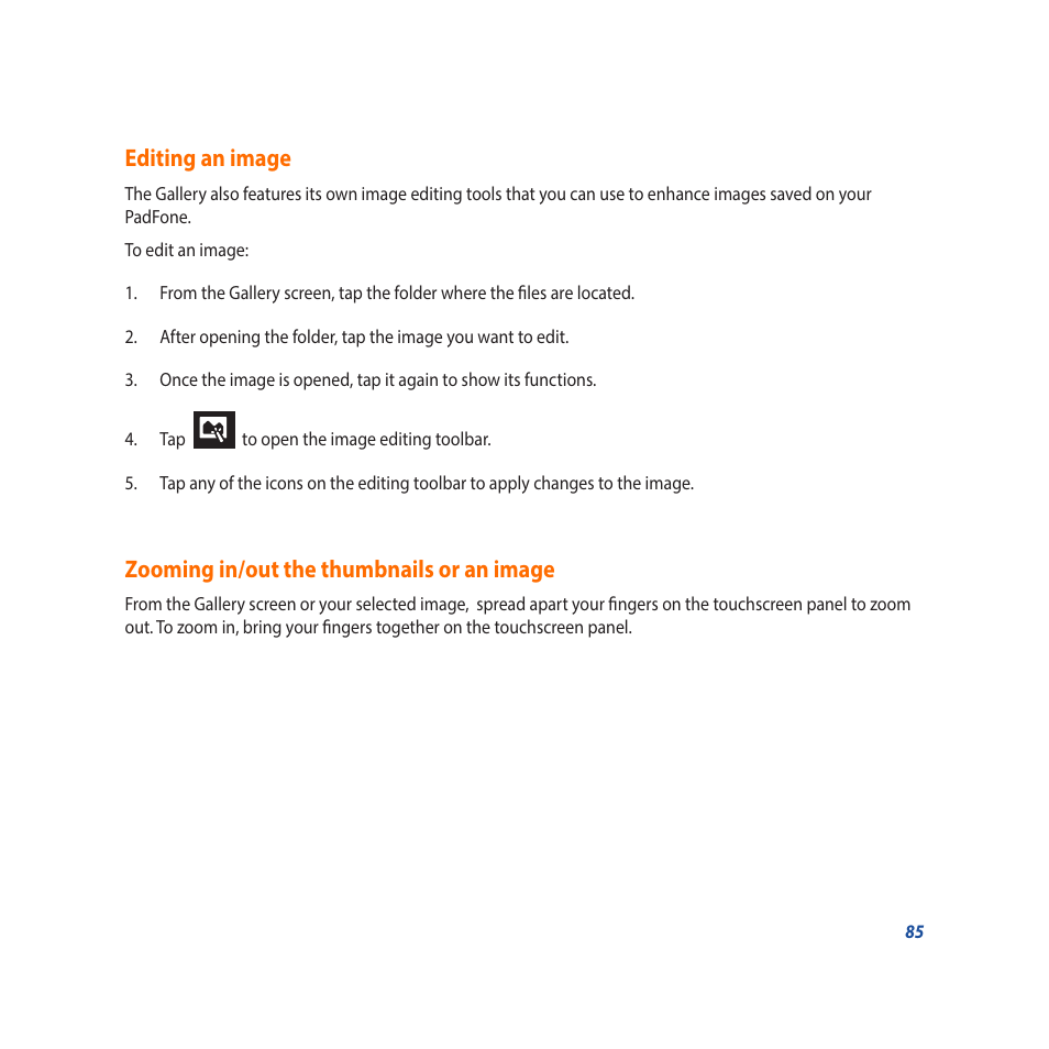 Editing an image, Zooming in/out the thumbnails or an image | Asus Padfone X mini User Manual | Page 85 / 146