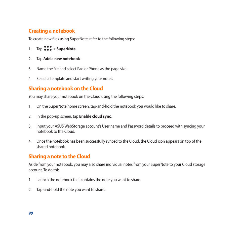 Creating a notebook, Sharing a notebook on the cloud, Sharing a note to the cloud | Asus Padfone X mini User Manual | Page 90 / 146