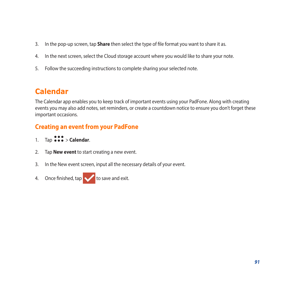 Calendar, Creating an event from your padfone | Asus Padfone X mini User Manual | Page 91 / 146