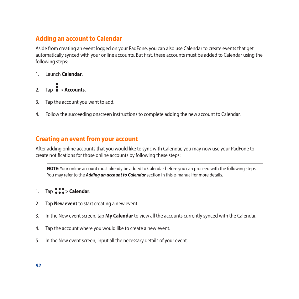 Adding an account to calendar, Creating an event from your account | Asus Padfone X mini User Manual | Page 92 / 146