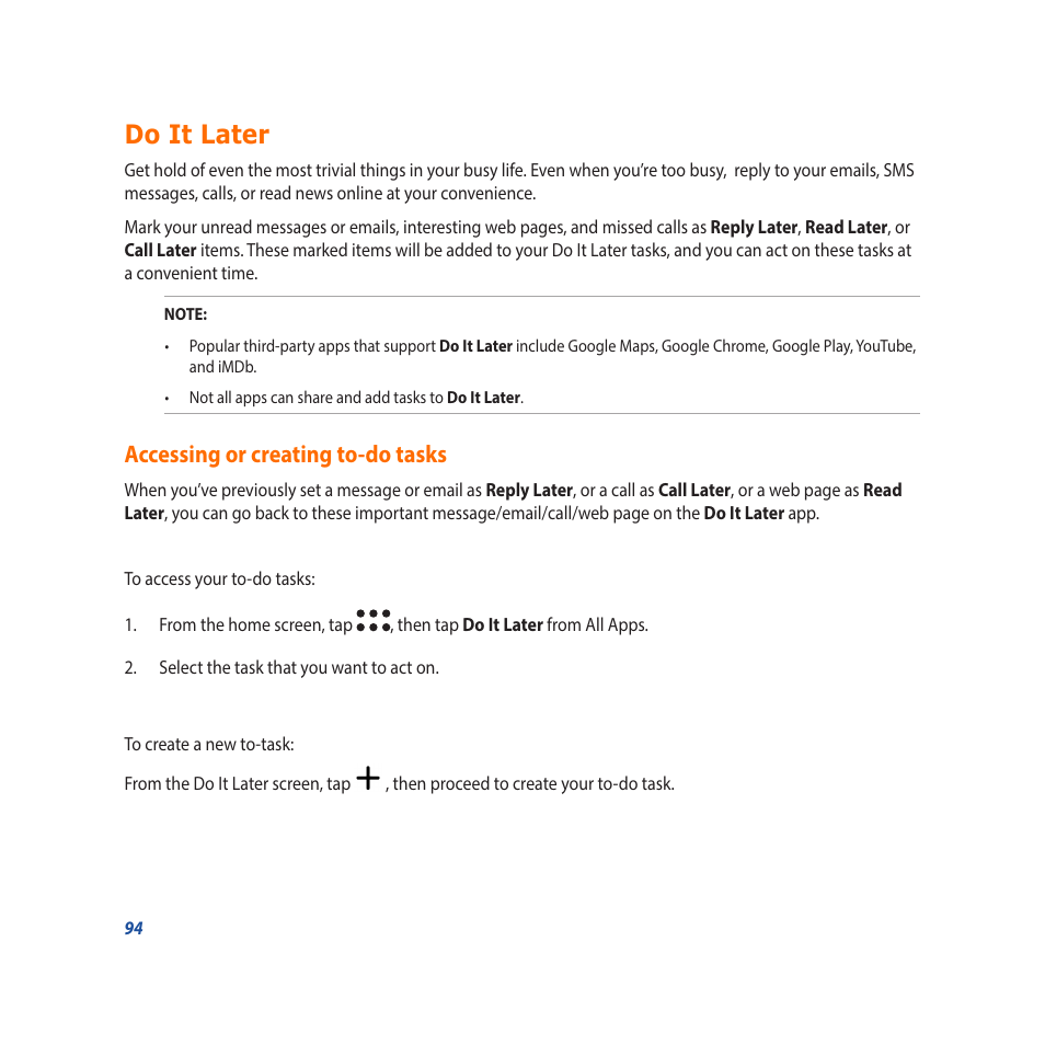 Do it later, Accessing or creating to-do tasks | Asus Padfone X mini User Manual | Page 94 / 146