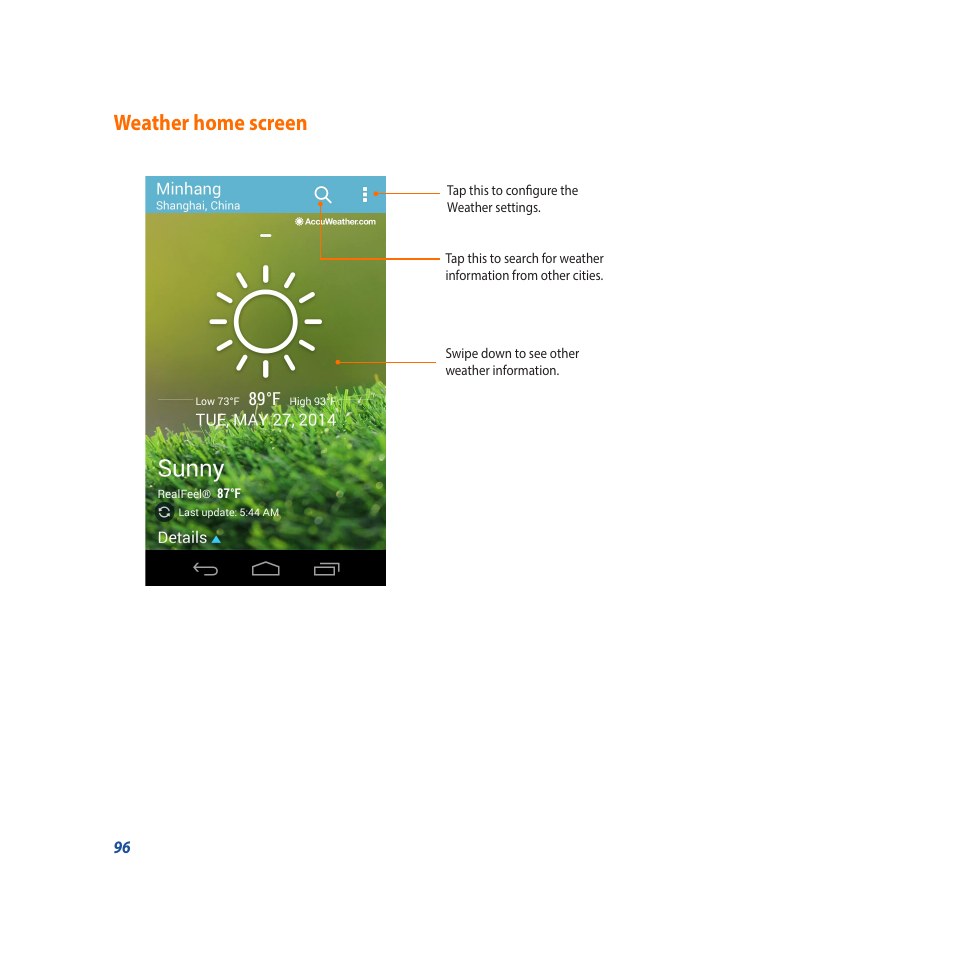 Weather home screen | Asus Padfone X mini User Manual | Page 96 / 146