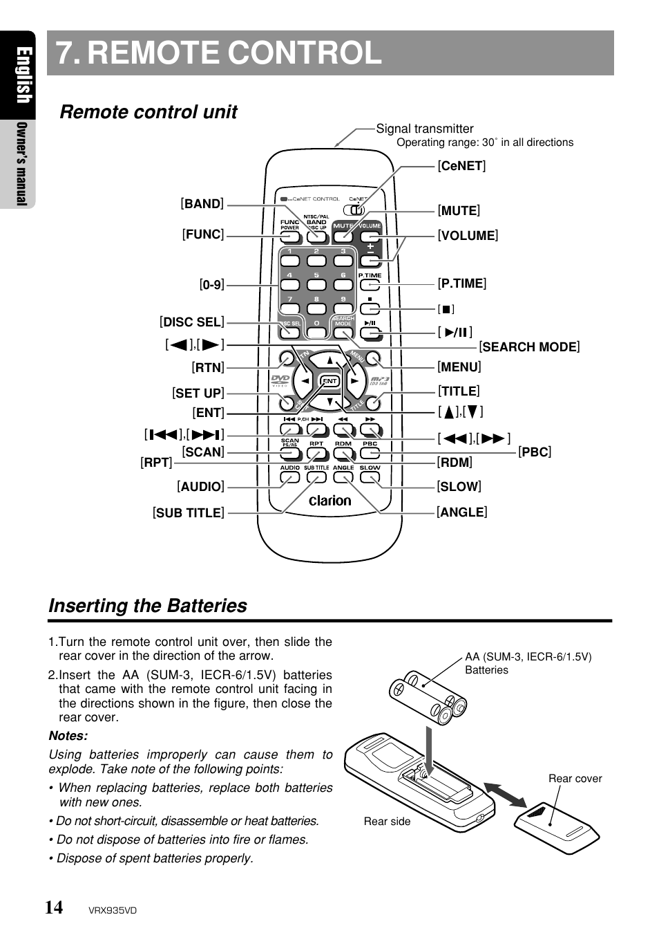 Remote control, English, Remote control unit inserting the batteries | Clarion ProAudio VRX 935VD VRX935VD User Manual | Page 10 / 69