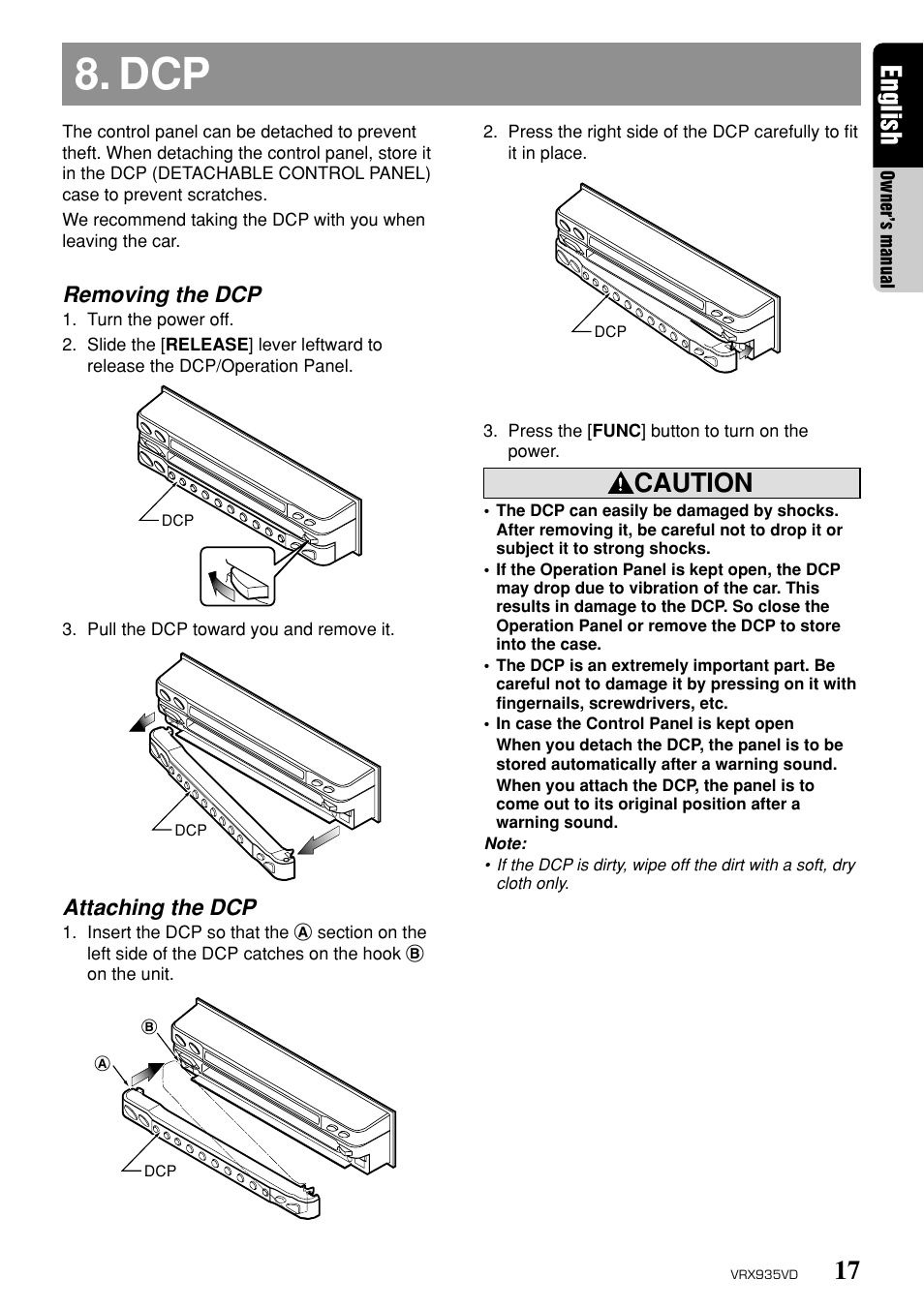 17 english, Caution, Removing the dcp | Attaching the dcp | Clarion ProAudio VRX 935VD VRX935VD User Manual | Page 13 / 69