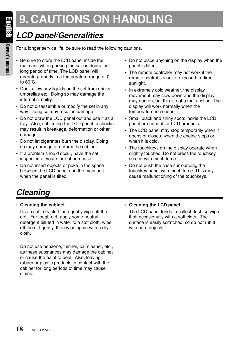 Cautions on handling, Lcd panel/generalities, Cleaning | English | Clarion ProAudio VRX 935VD VRX935VD User Manual | Page 14 / 69