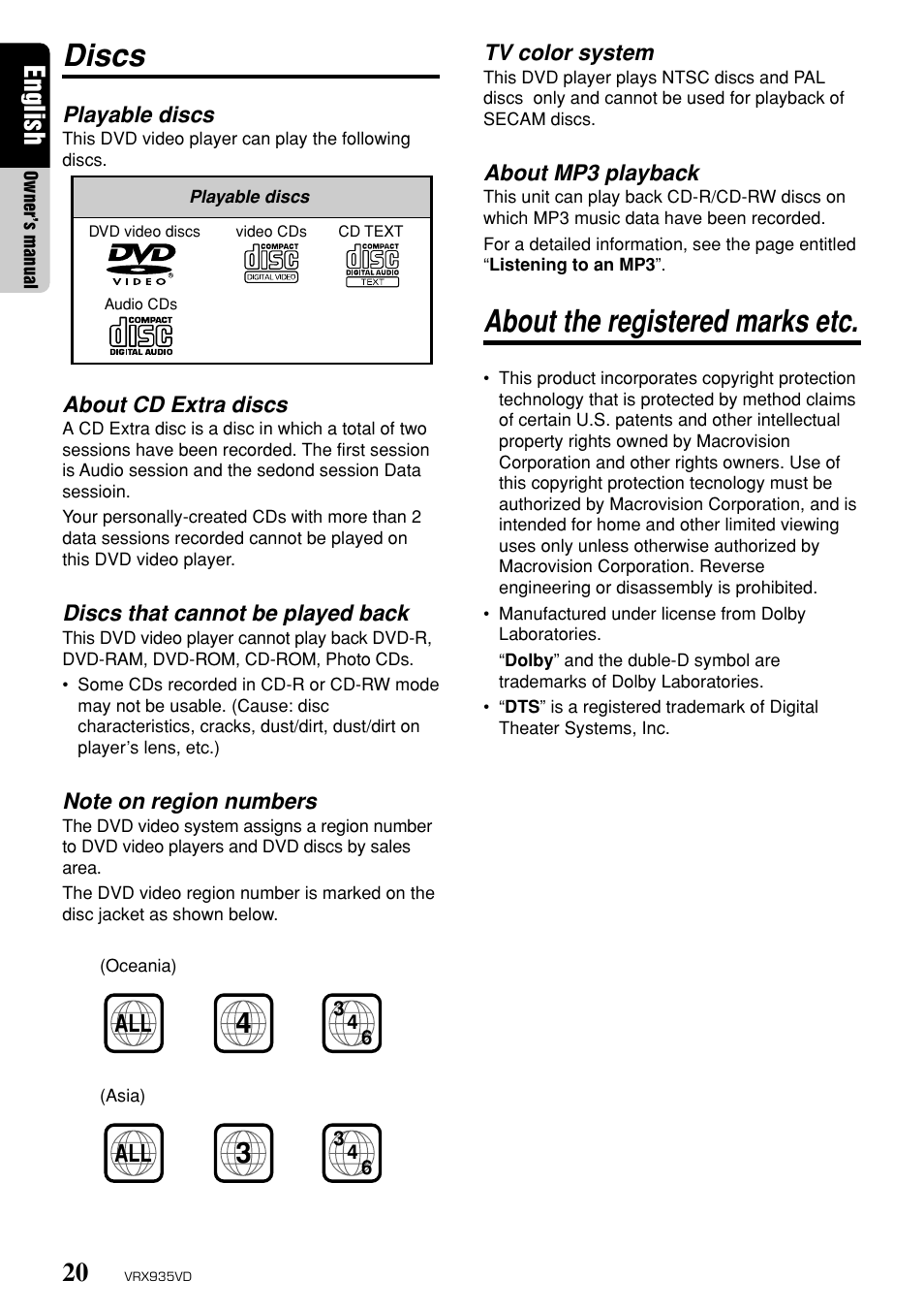 Discs, About the registered marks etc, English | Clarion ProAudio VRX 935VD VRX935VD User Manual | Page 16 / 69