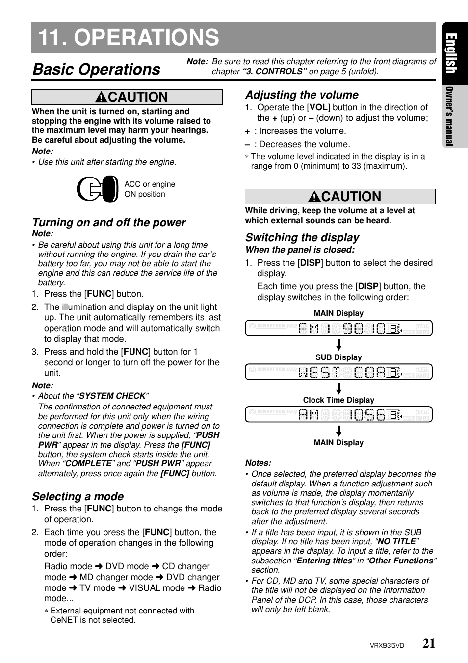 Operations, Basic operations, 21 english | Caution, Turning on and off the power, Selecting a mode, Adjusting the volume, Switching the display | Clarion ProAudio VRX 935VD VRX935VD User Manual | Page 17 / 69