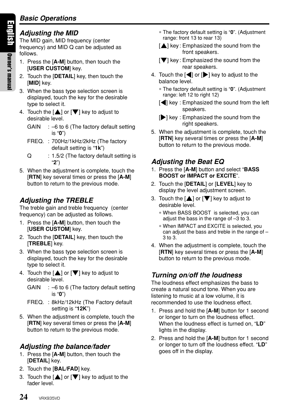 English, Basic operations adjusting the mid, Adjusting the treble | Adjusting the balance/fader, Adjusting the beat eq, Turning on/off the loudness | Clarion ProAudio VRX 935VD VRX935VD User Manual | Page 20 / 69