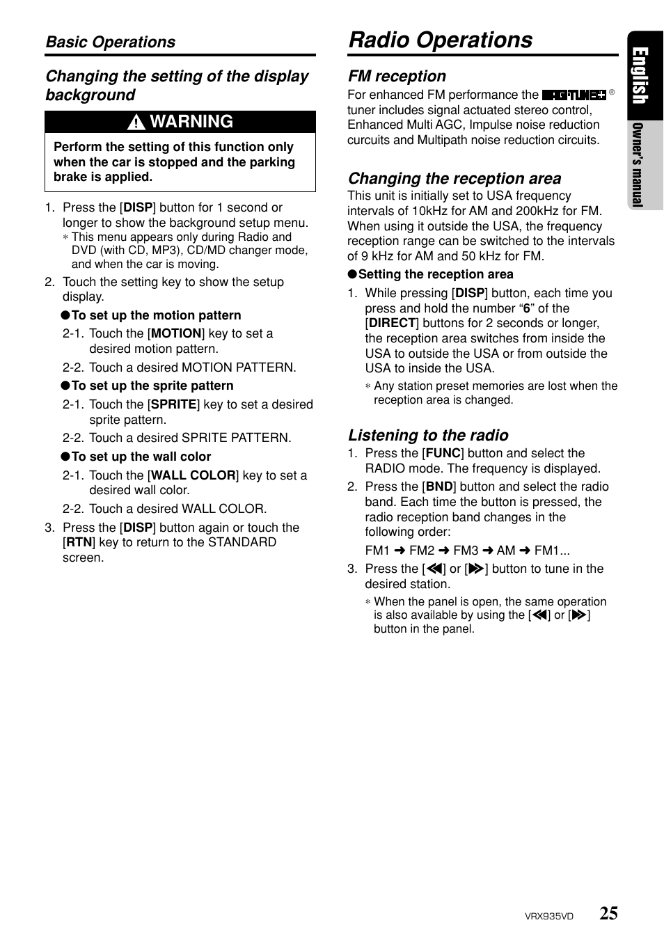 Radio operations, 25 english, Warning | Fm reception, Changing the reception area, Listening to the radio | Clarion ProAudio VRX 935VD VRX935VD User Manual | Page 21 / 69