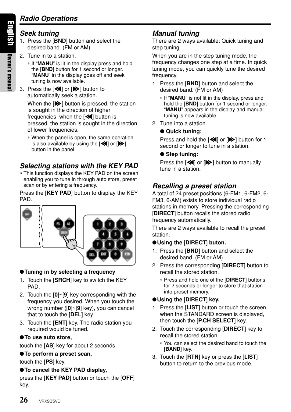 English, Manual tuning, Recalling a preset station | Seek tuning, Selecting stations with the key pad, Radio operations | Clarion ProAudio VRX 935VD VRX935VD User Manual | Page 22 / 69