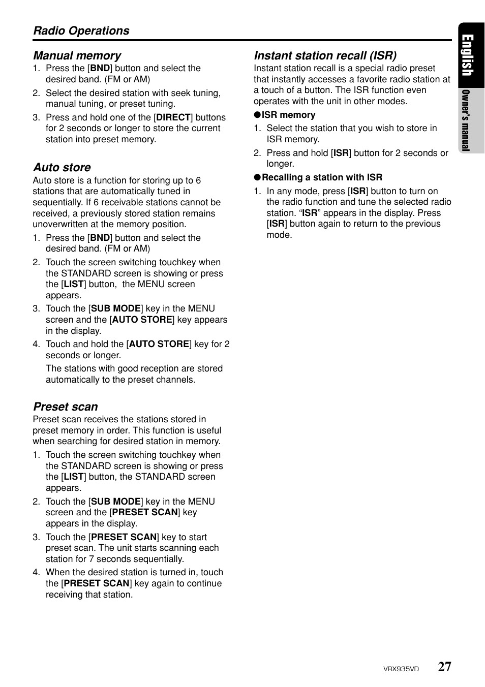 27 english, Auto store, Preset scan | Instant station recall (isr) | Clarion ProAudio VRX 935VD VRX935VD User Manual | Page 23 / 69