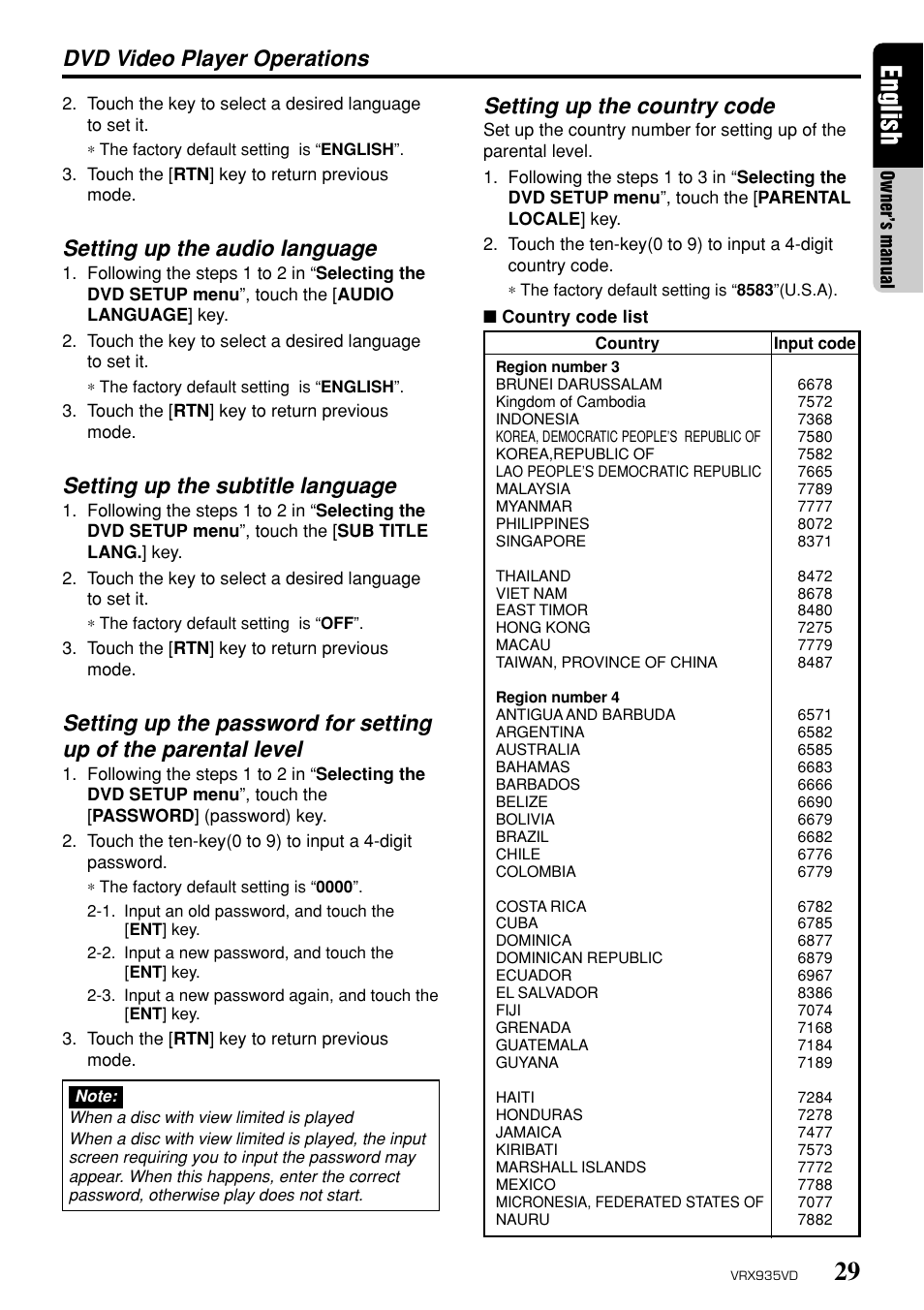 29 english, Setting up the audio language, Setting up the subtitle language | Setting up the country code, Dvd video player operations | Clarion ProAudio VRX 935VD VRX935VD User Manual | Page 25 / 69
