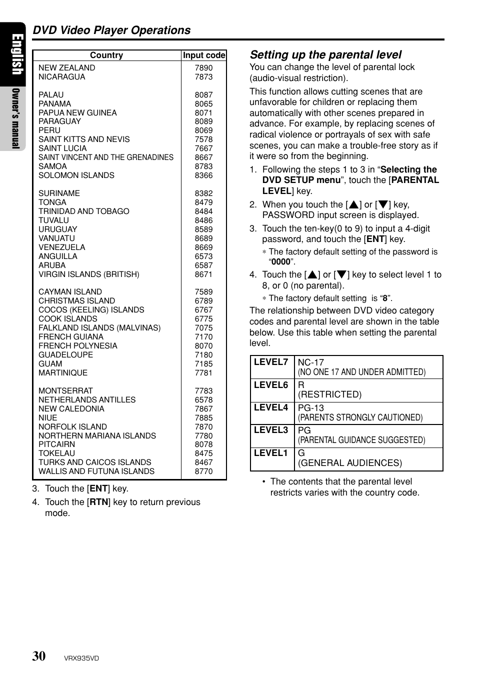 English, Dvd video player operations, Setting up the parental level | Clarion ProAudio VRX 935VD VRX935VD User Manual | Page 26 / 69