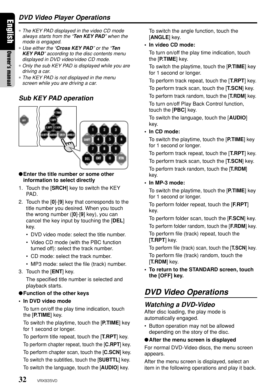 English, Dvd video operations, Watching a dvd-video | Dvd video player operations, Sub key pad operation | Clarion ProAudio VRX 935VD VRX935VD User Manual | Page 28 / 69