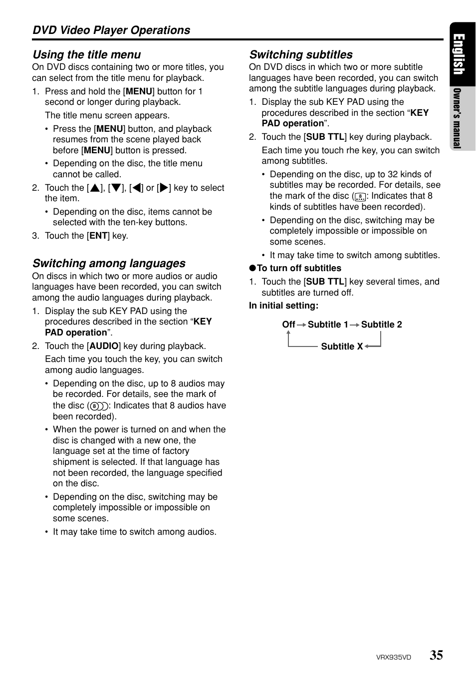 35 english, Using the title menu, Switching among languages | Dvd video player operations switching subtitles | Clarion ProAudio VRX 935VD VRX935VD User Manual | Page 31 / 69