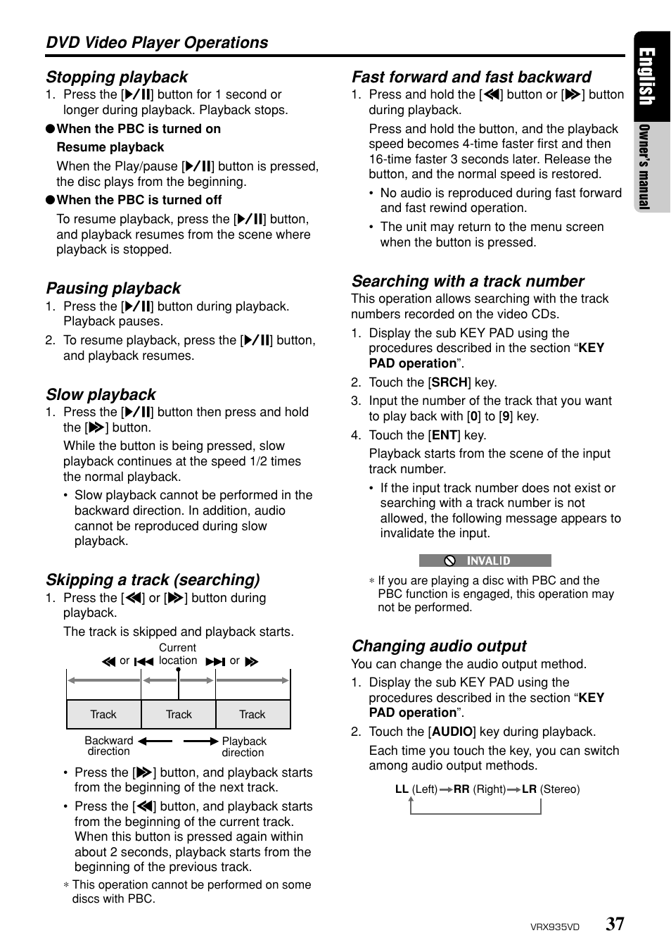 37 english, Dvd video player operations stopping playback, Pausing playback | Slow playback, Skipping a track (searching), Changing audio output, Fast forward and fast backward, Searching with a track number | Clarion ProAudio VRX 935VD VRX935VD User Manual | Page 33 / 69