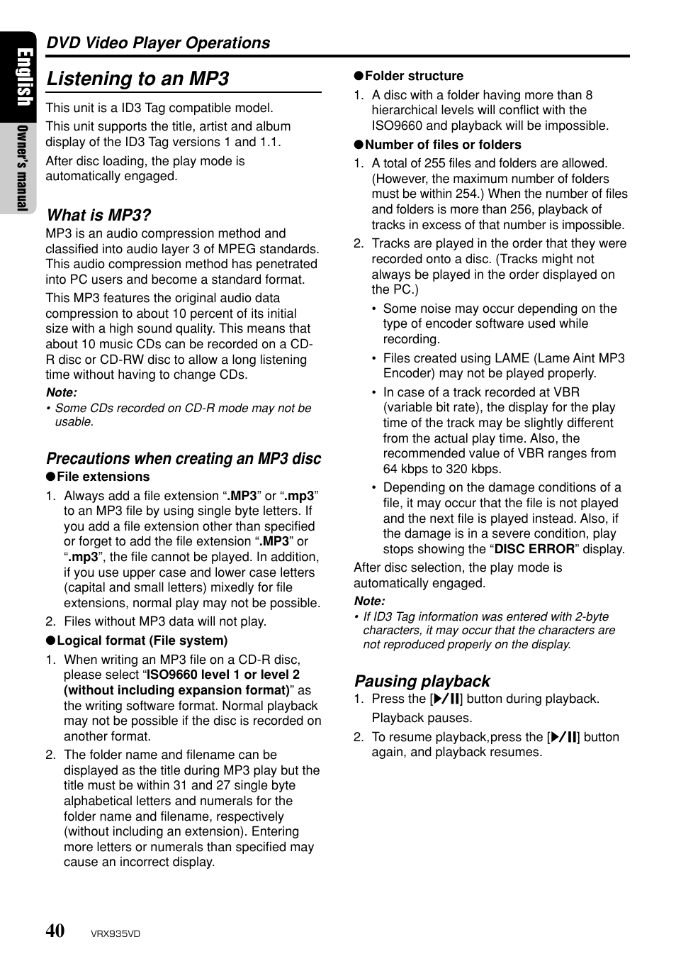 English, Listening to an mp3, What is mp3 | Precautions when creating an mp3 disc, Pausing playback, Dvd video player operations | Clarion ProAudio VRX 935VD VRX935VD User Manual | Page 36 / 69