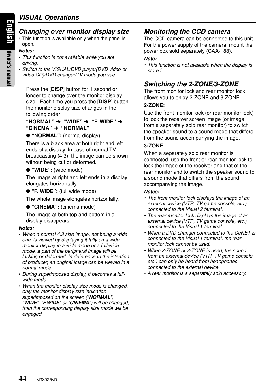 English, Changing over monitor display size, Visual operations monitoring the ccd camera | Switching the 2-zone/3-zone | Clarion ProAudio VRX 935VD VRX935VD User Manual | Page 40 / 69
