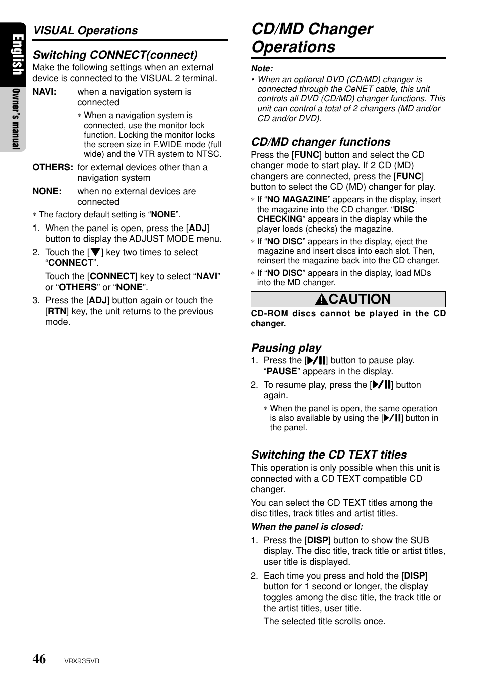 Cd/md changer operations, English, Caution | Cd/md changer functions, Pausing play, Switching the cd text titles, Switching connect(connect), Visual operations | Clarion ProAudio VRX 935VD VRX935VD User Manual | Page 42 / 69