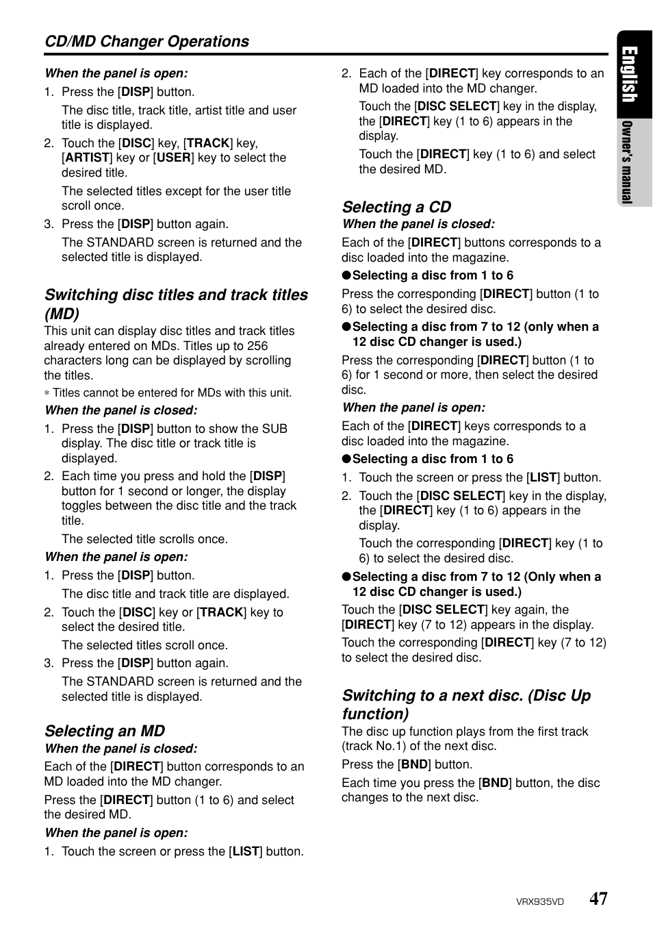 47 english, Switching disc titles and track titles (md), Selecting an md | Selecting a cd, Switching to a next disc. (disc up function), Cd/md changer operations | Clarion ProAudio VRX 935VD VRX935VD User Manual | Page 43 / 69