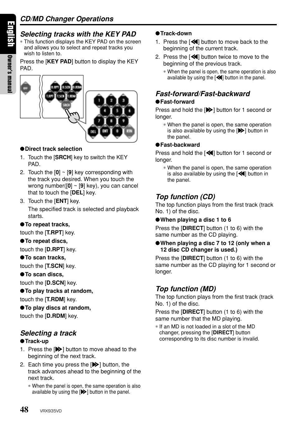 English, Selecting a track, Fast-forward/fast-backward | Top function (cd), Top function (md) | Clarion ProAudio VRX 935VD VRX935VD User Manual | Page 44 / 69