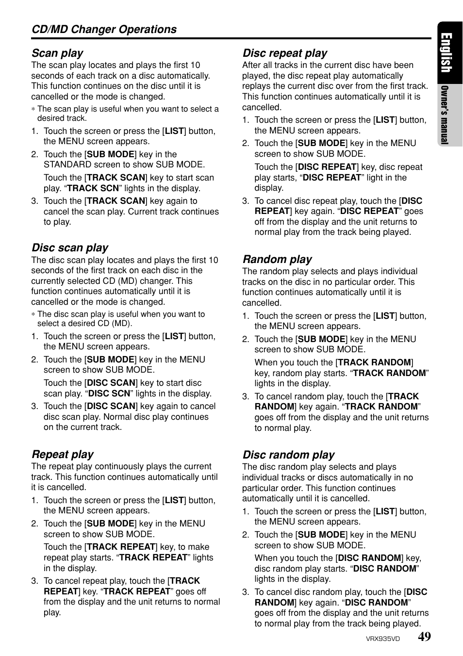 49 english, Cd/md changer operations scan play, Disc scan play | Repeat play, Disc repeat play, Random play, Disc random play | Clarion ProAudio VRX 935VD VRX935VD User Manual | Page 45 / 69