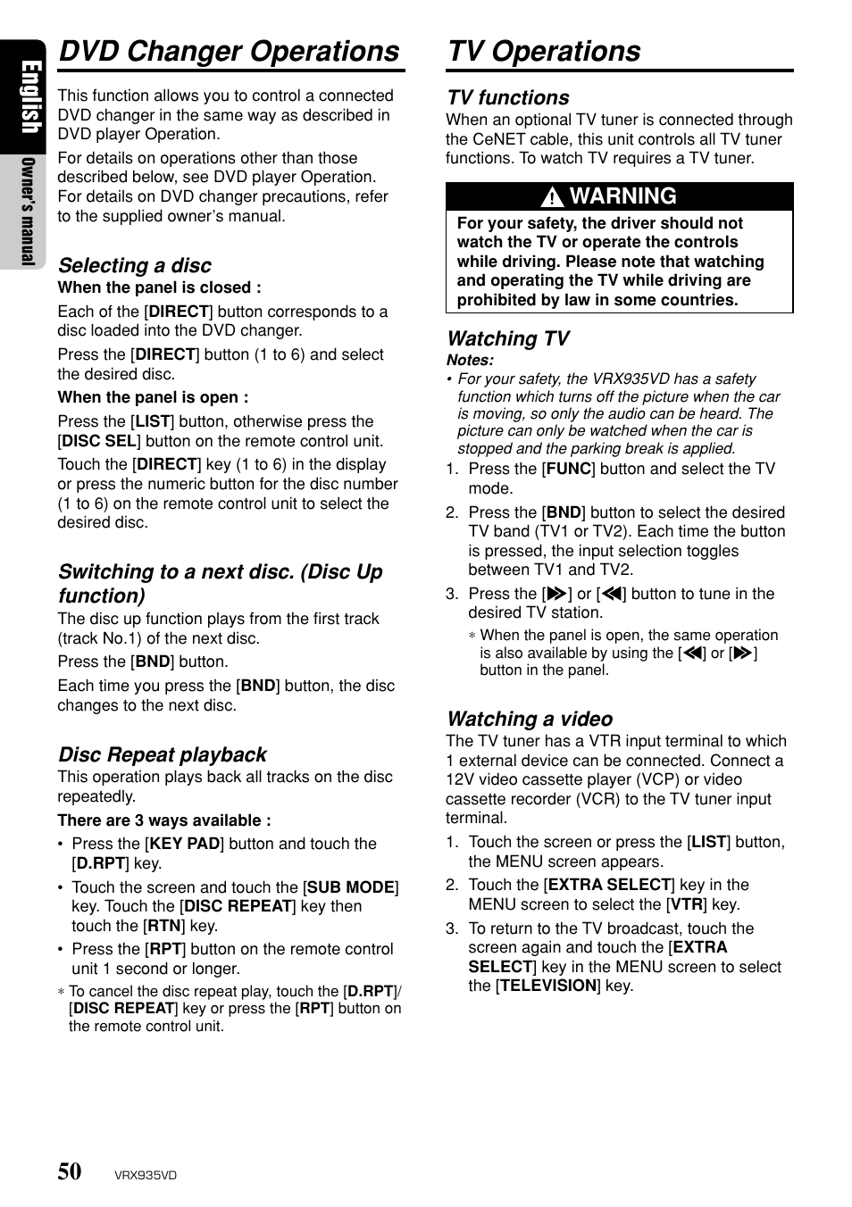 Tv operations, Dvd changer operations, English | Warning, Tv functions, Watching tv, Watching a video, Selecting a disc, Switching to a next disc. (disc up function), Disc repeat playback | Clarion ProAudio VRX 935VD VRX935VD User Manual | Page 46 / 69