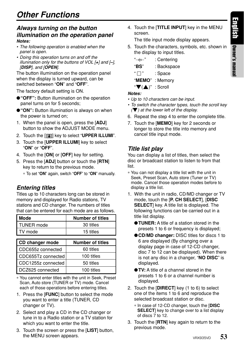 Other functions, 53 english, Entering titles | Title list play | Clarion ProAudio VRX 935VD VRX935VD User Manual | Page 49 / 69