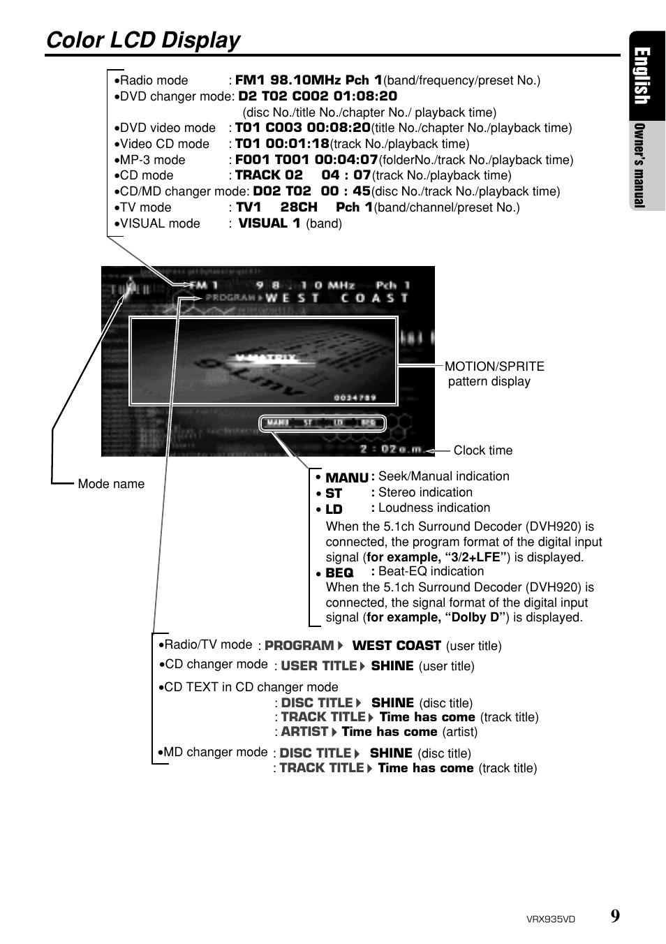 Color lcd display, 9english | Clarion ProAudio VRX 935VD VRX935VD User Manual | Page 5 / 69