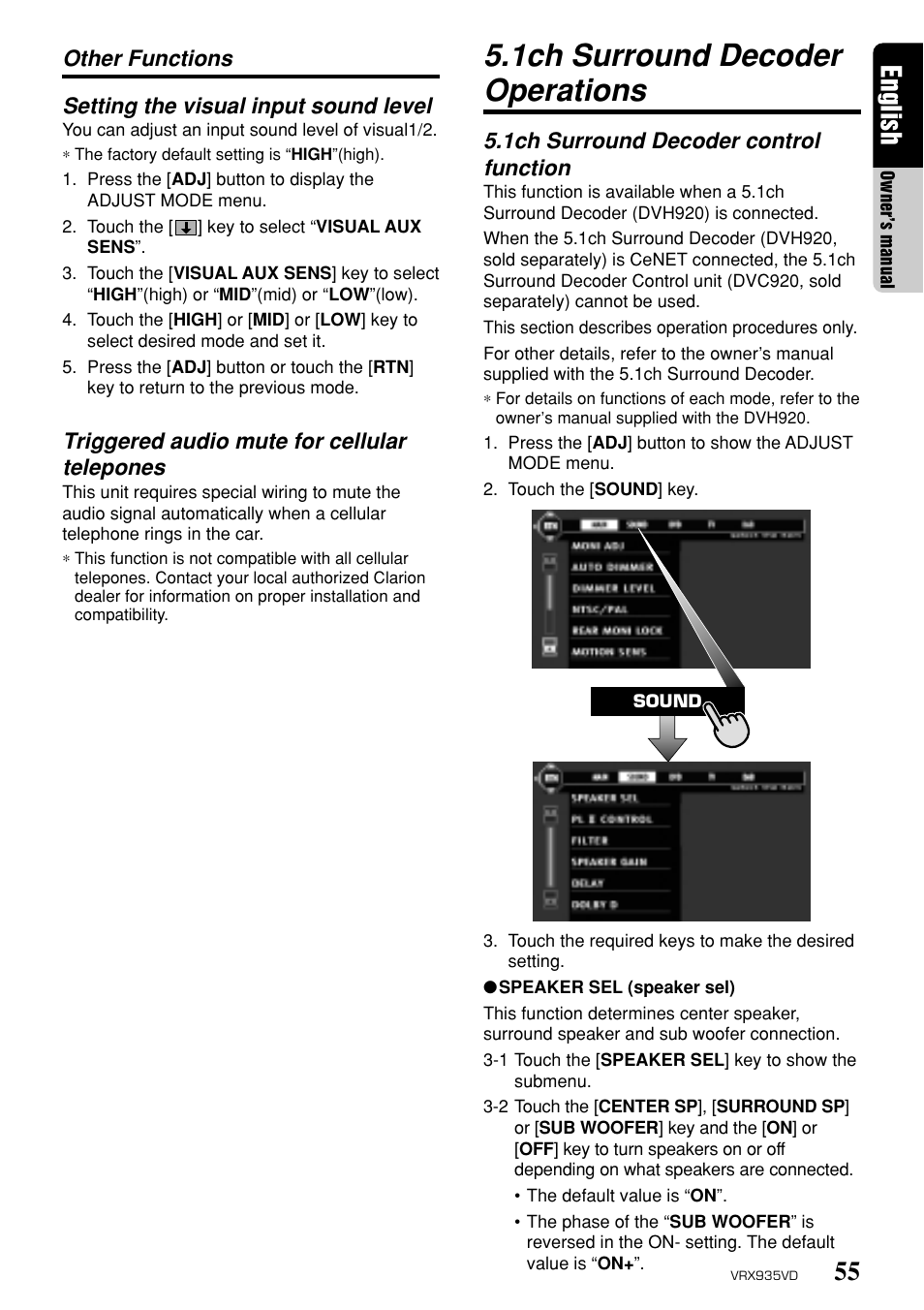 1ch surround decoder operations, 55 english, Triggered audio mute for cellular telepones | 1ch surround decoder control function | Clarion ProAudio VRX 935VD VRX935VD User Manual | Page 51 / 69