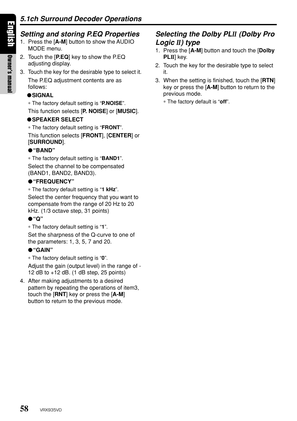 English, Selecting the dolby pl, Dolby pro logic | Type | Clarion ProAudio VRX 935VD VRX935VD User Manual | Page 54 / 69