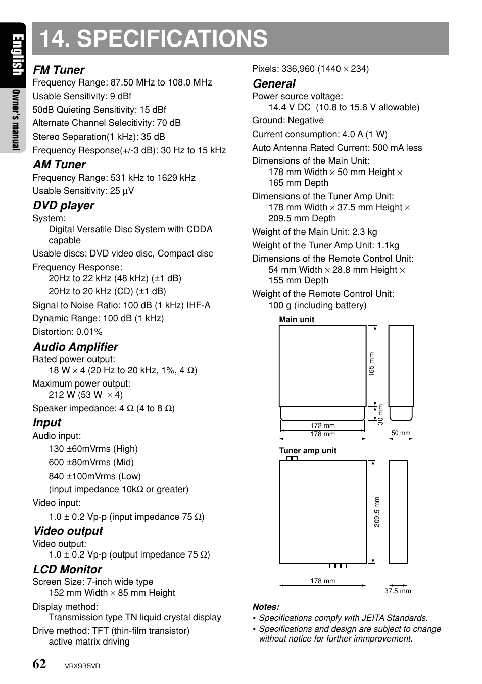 Specifications, English, Fm tuner | Am tuner, Dvd player, Audio amplifier, Input, Video output, Lcd monitor, General | Clarion ProAudio VRX 935VD VRX935VD User Manual | Page 58 / 69