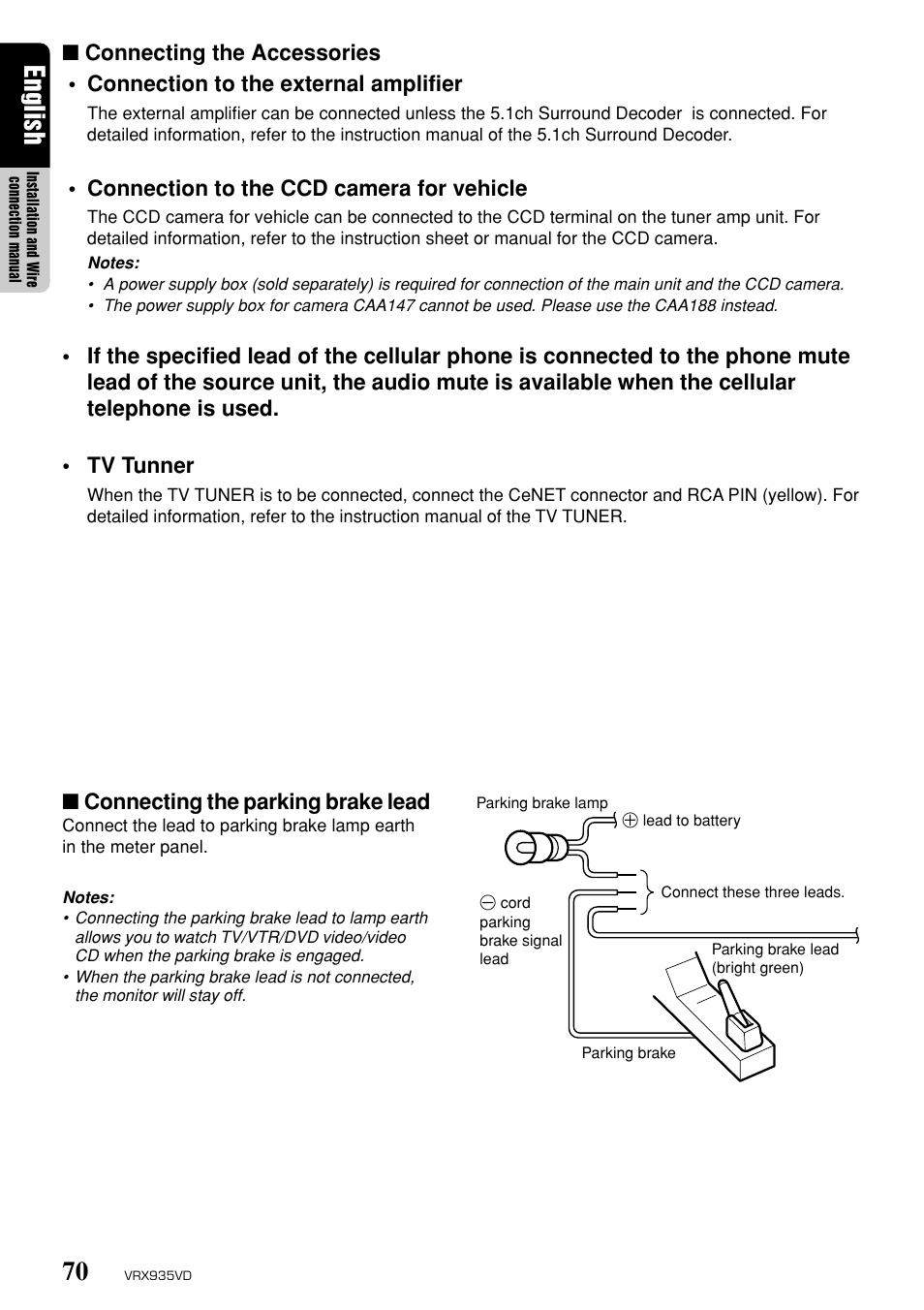 English, Connection to the ccd camera for vehicle, Connecting the parking brake lead | Clarion ProAudio VRX 935VD VRX935VD User Manual | Page 66 / 69